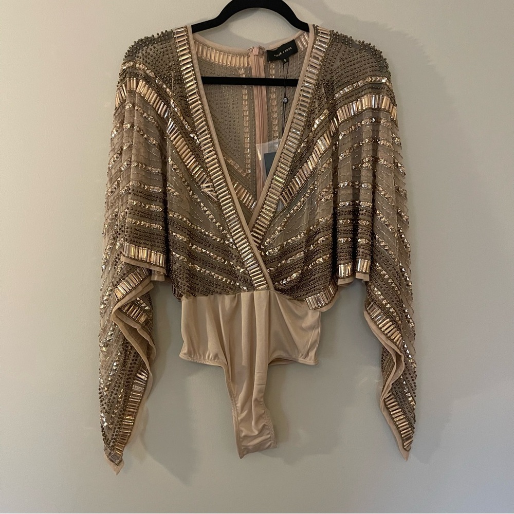 Missguided Plunge Embellished Kimono Sleeve Bodysuit - size 8 US 4 NWT